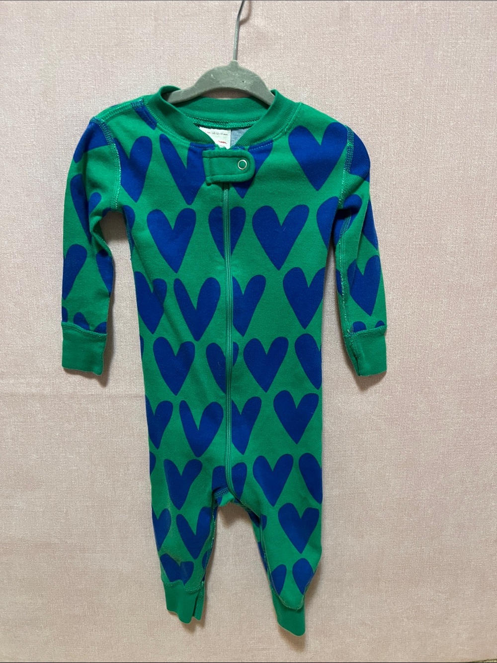 Hanna Anderson Green & Blue Heart-Print Kids One-Piece Zippered Romper 12-18 mos